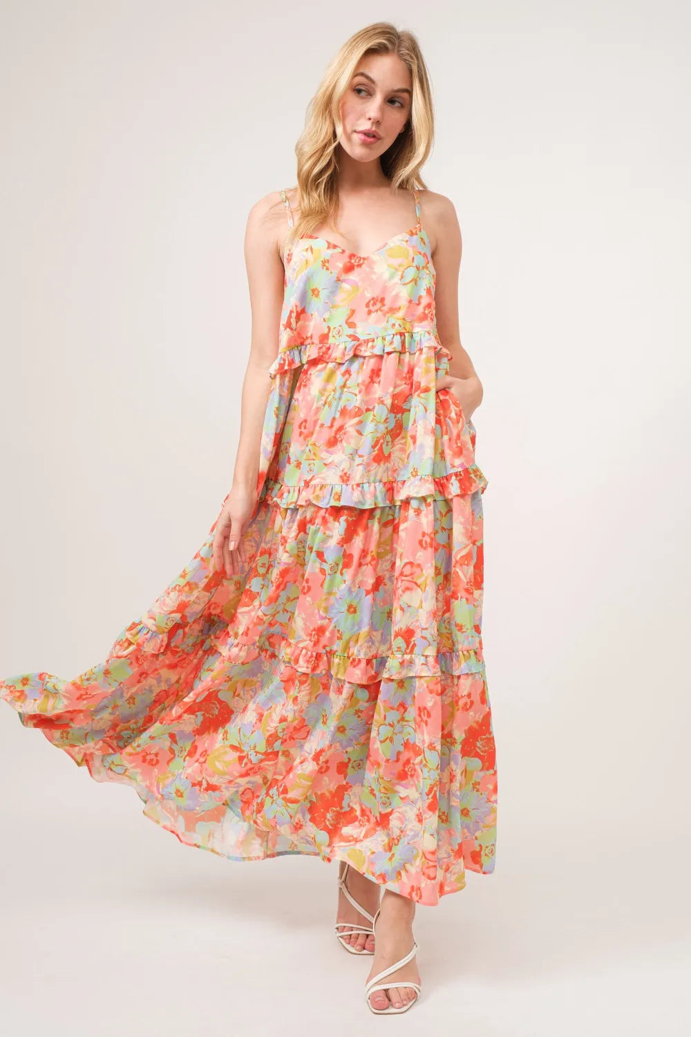 And The Why Floral Ruffled Tiered Maxi Adjustable Strap Cami Dress - Ladyez