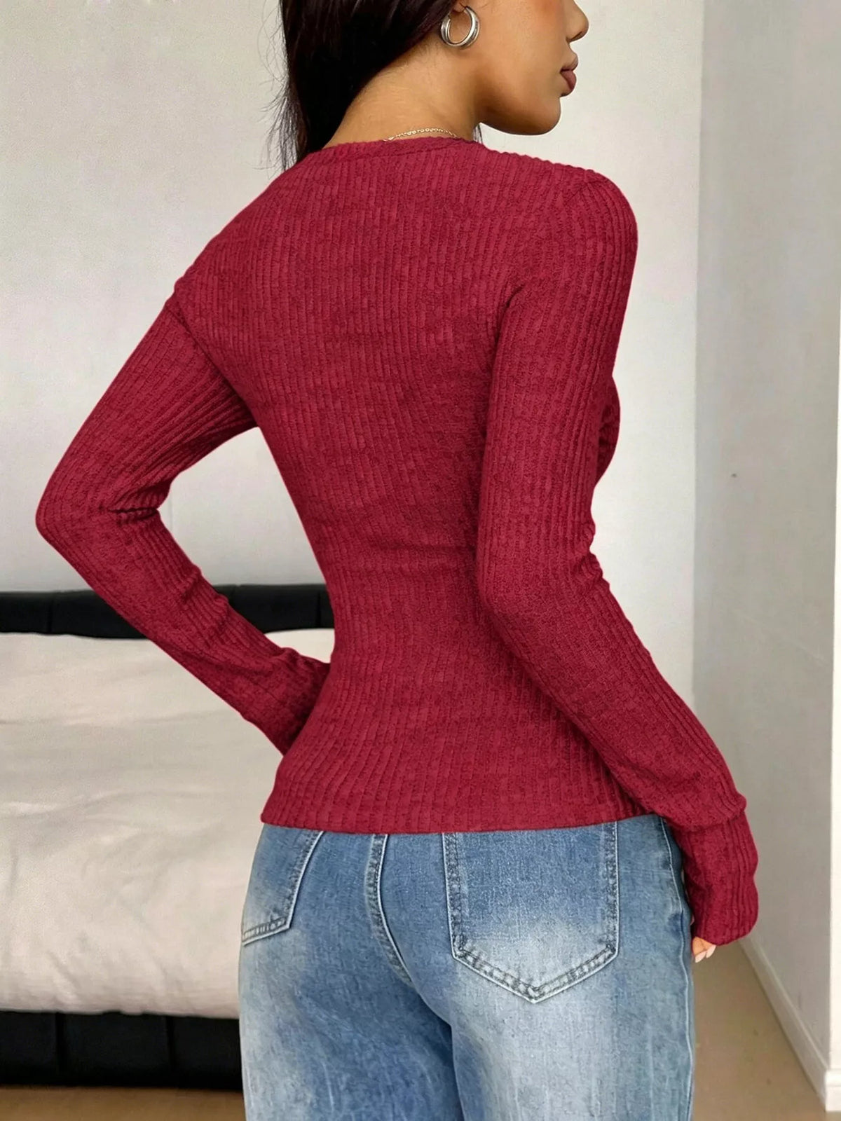 Ribbed Knit Lace Trim T-Shirt