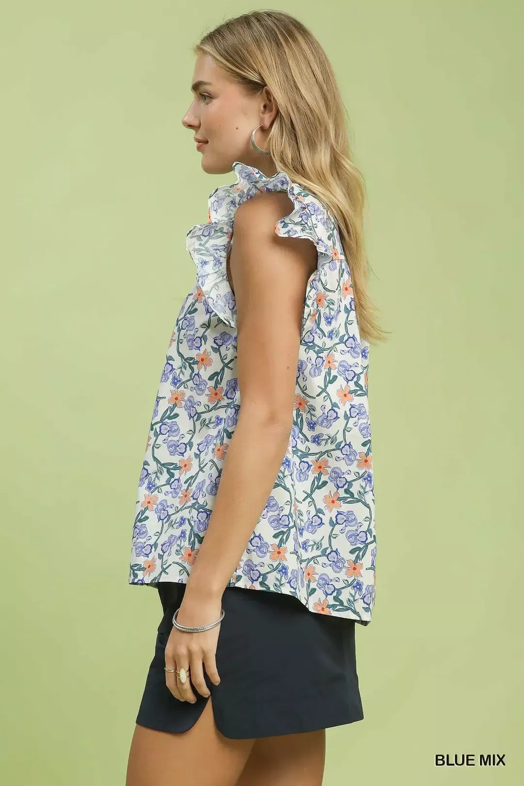Umgee Floral Print RuffleCap Sleeve Shirt