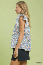 Umgee Floral Print RuffleCap Sleeve Shirt