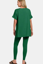 Zenana V-Neck Rolled Short Sleeve T-Shirt and Leggings Lounge Set - Ladyez