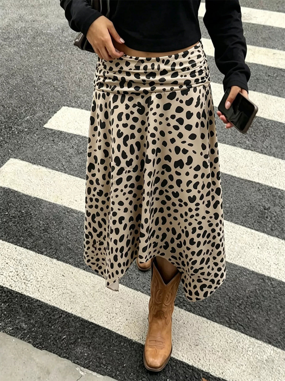 Leopard Print Asymmetrical Hem Midi Skirt