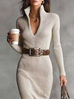 Elegant Ribbed Knit Turtleneck Midi Sweater Dress