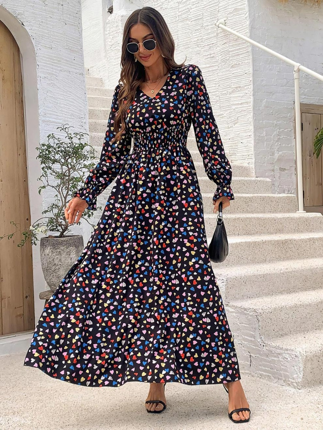 Smocked Printed V-Neck Flounce Sleeve Dress - Ladyez
