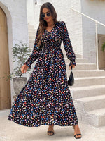 Smocked Printed V-Neck Flounce Sleeve Dress - Ladyez