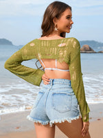 Distressed Boat Neck Long Sleeve Cover Up - Ladyez