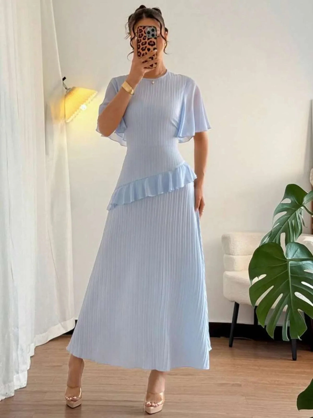 Ruffled Round Neck Flutter Sleeve Dress