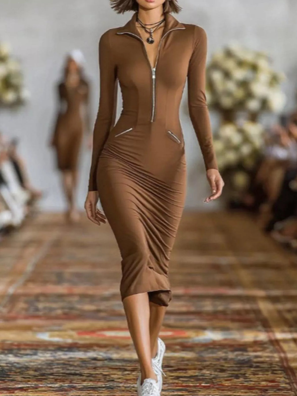 Full Size Zip-Front Bodycon Midi Dress Plus Size