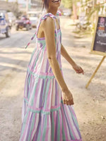 Striped Tiered Maxi Summer Dress with Bow Shoulder Ties - Ladyez