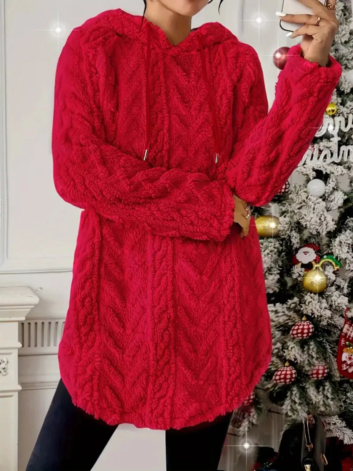 Cozy Textured Drawstring Fleece Hoodie