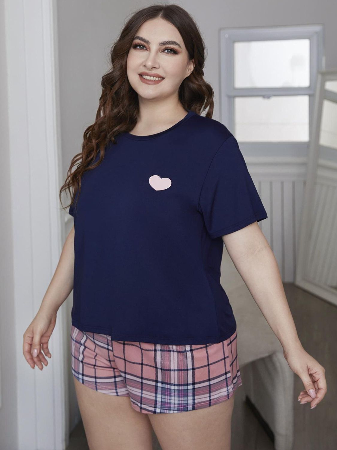 Plus Size Heart Graphic Top and Plaid Shorts Loungewear Set - Ladyez