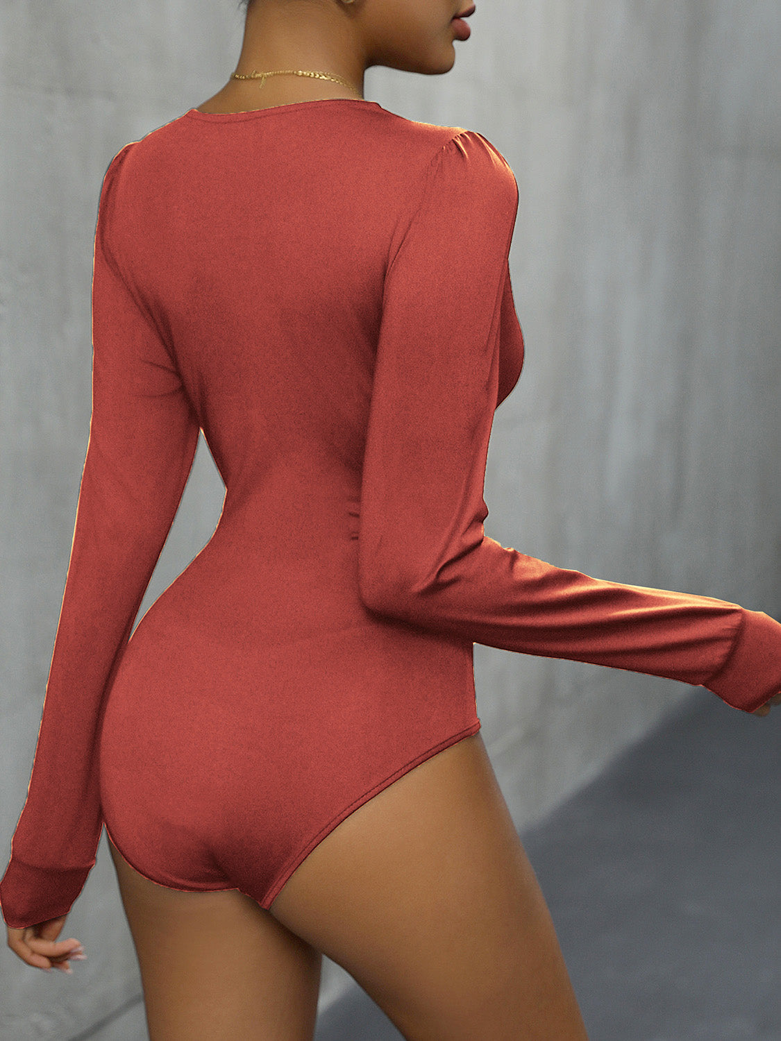 Perfee Lace Detail Plunge Long Sleeve Bodysuit - Ladyez