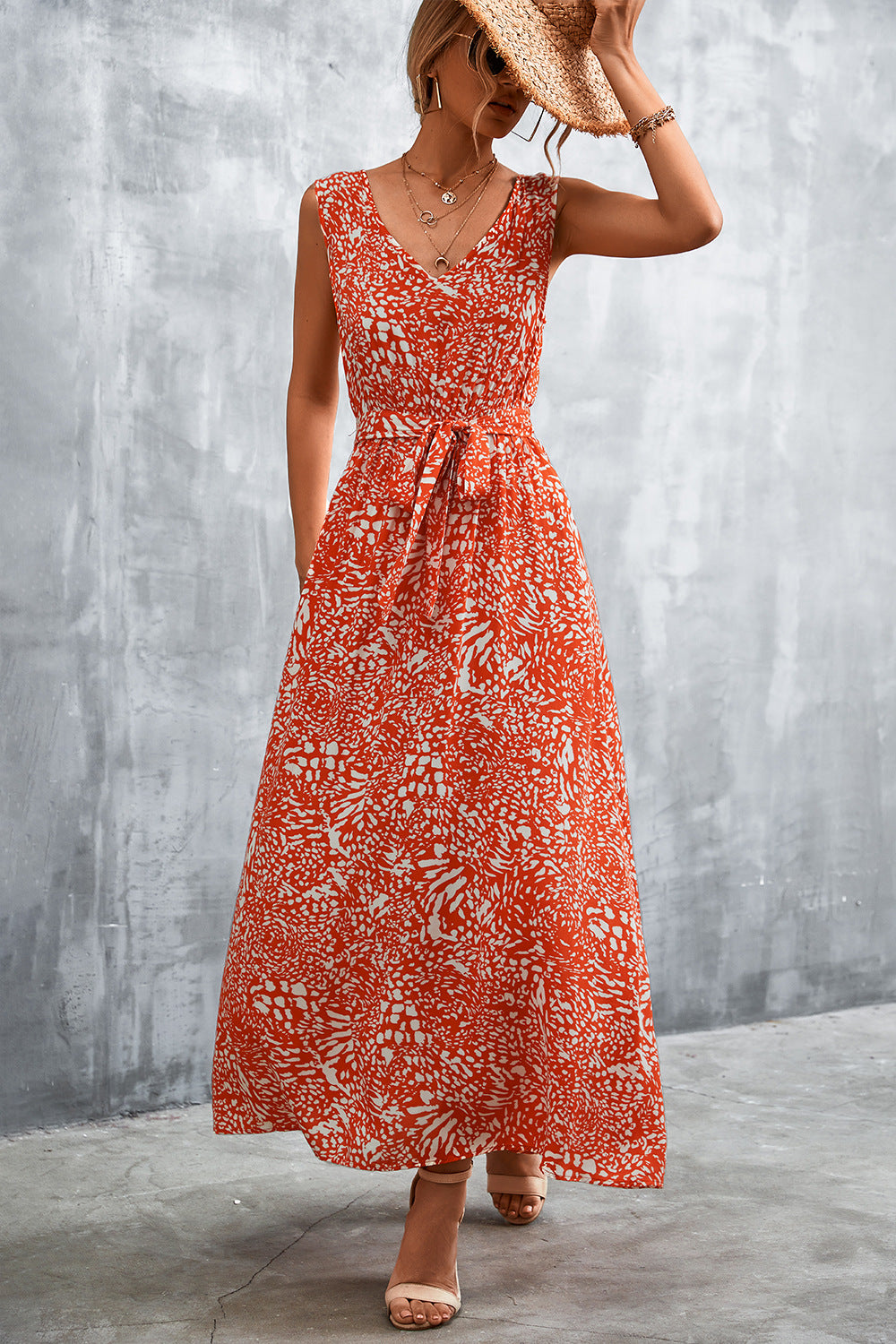 Printed V-Neck Tie Waist Maxi Dress - Ladyez