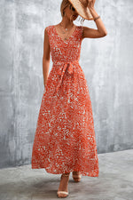 Printed V-Neck Tie Waist Maxi Dress - Ladyez