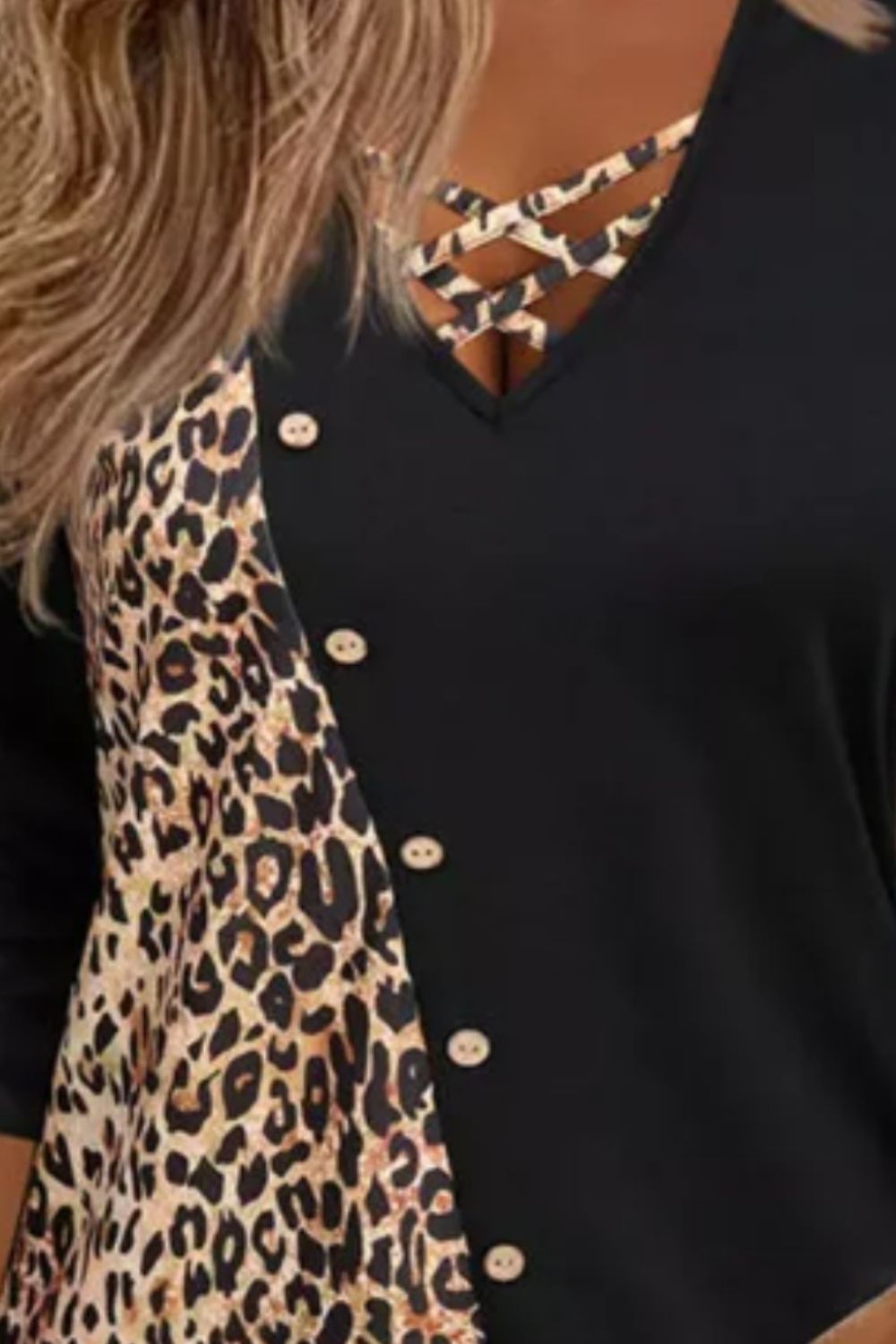 Crisscross Leopard V-Neck Long Sleeve T-Shirt - Ladyez