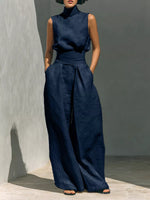 Turtleneck Sleeveless Top and Wide-Leg Pants Set