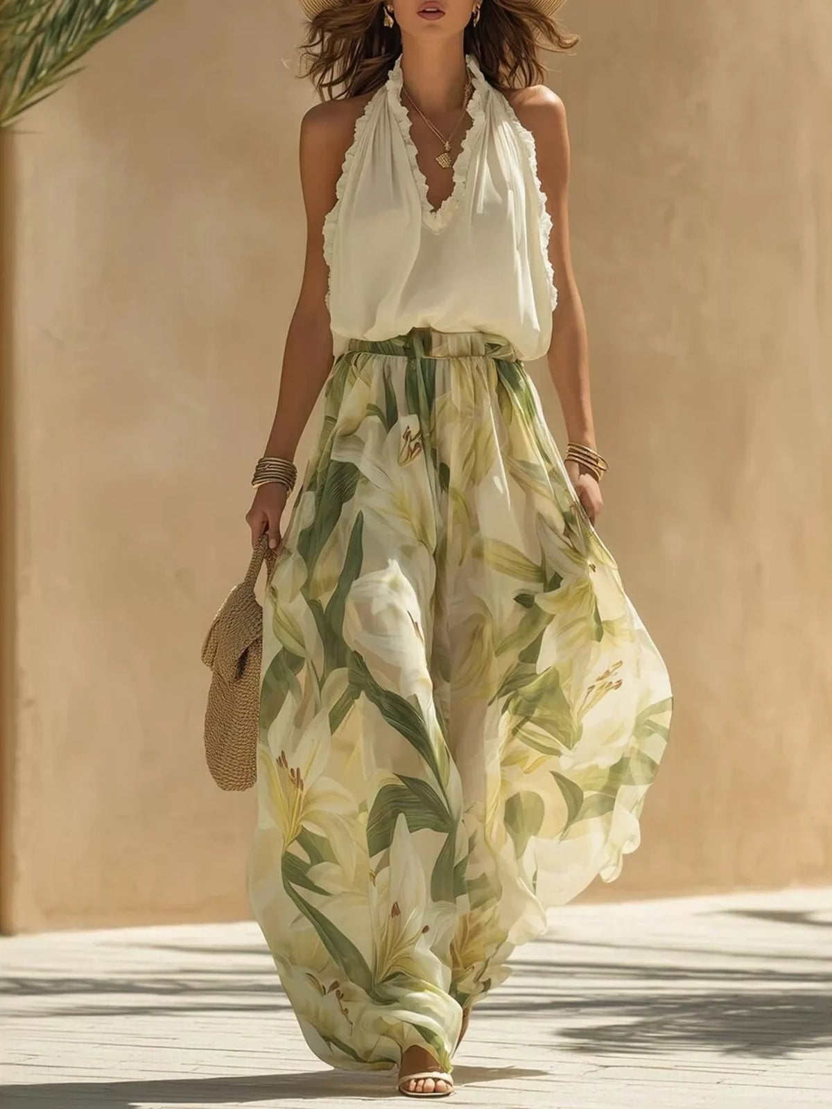 Frill Sleeveless Top and Wide-Leg Pants Two-Piece Set