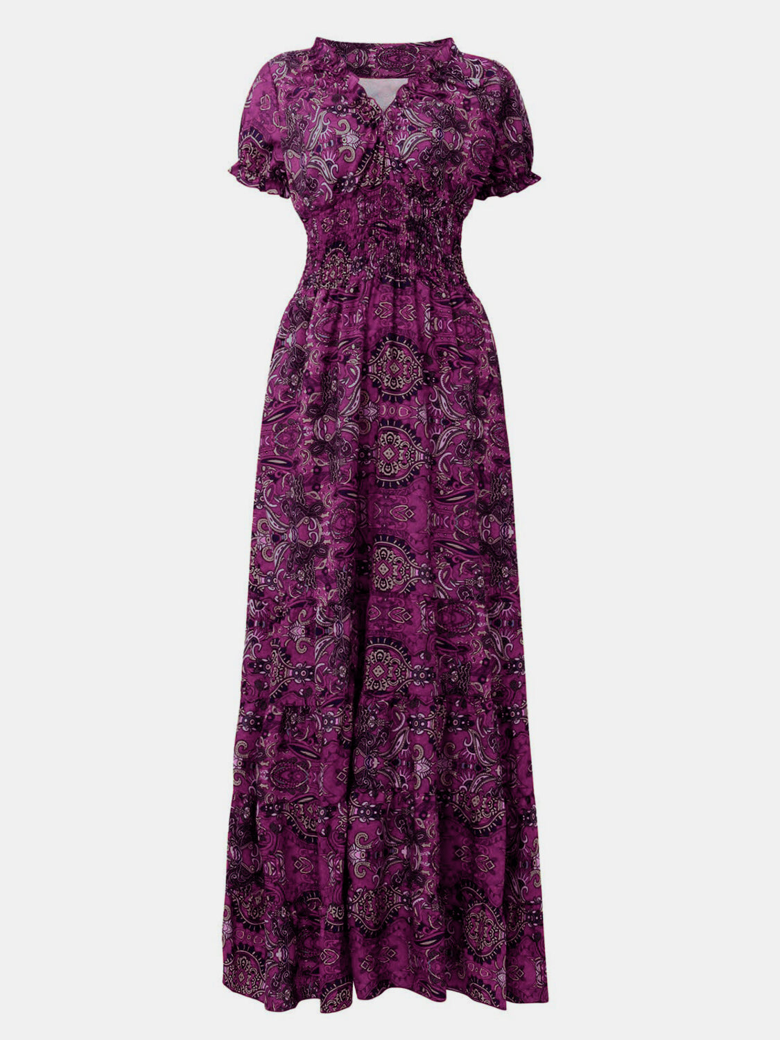 Full Size Smocked Printed V-Neck Short Sleeve Dress - Ladyez
