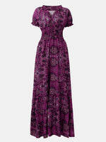Full Size Smocked Printed V-Neck Short Sleeve Dress - Ladyez