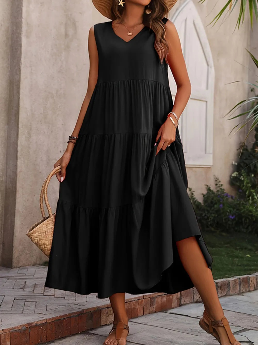 Tiered V-Neck Sleeveless Dress - Ladyez