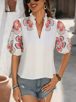 Floral Print Notched Puff Sleeve Blouse - Ladyez