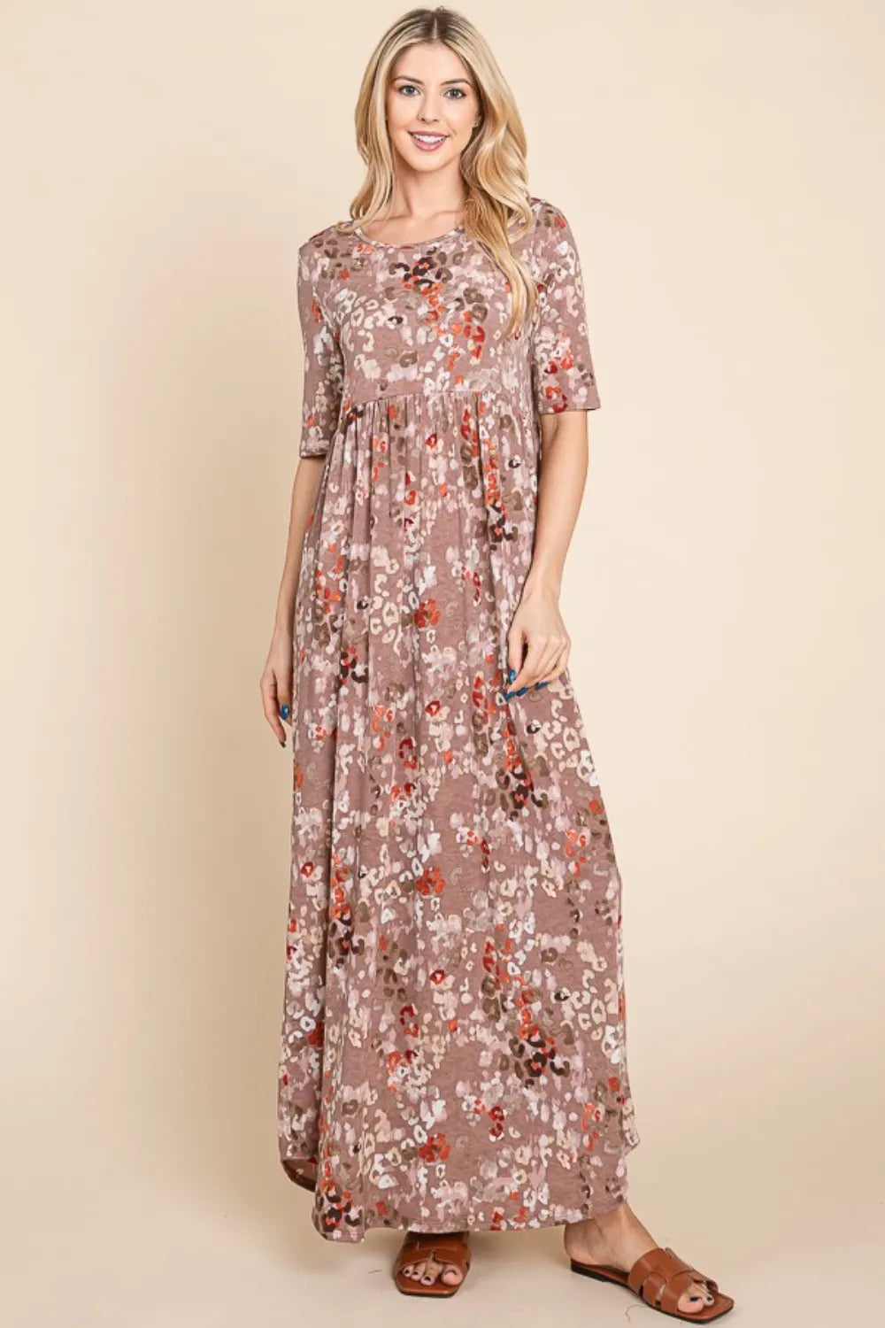 BOMBOM Printed Shirred Maxi Dress - Ladyez