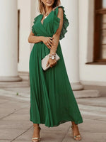 Tied Surplice Cap Sleeve Pleated Dress - Ladyez