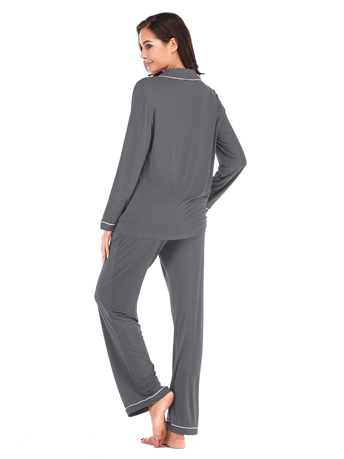 Collared Neck Long Sleeve Loungewear Set with Pockets - Ladyez