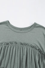 Frilled Gathered Seam Round Neck T Shirt Dress
