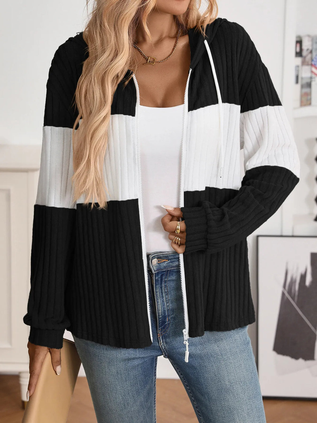 Drawstring Color Block Zip Up Outerwear