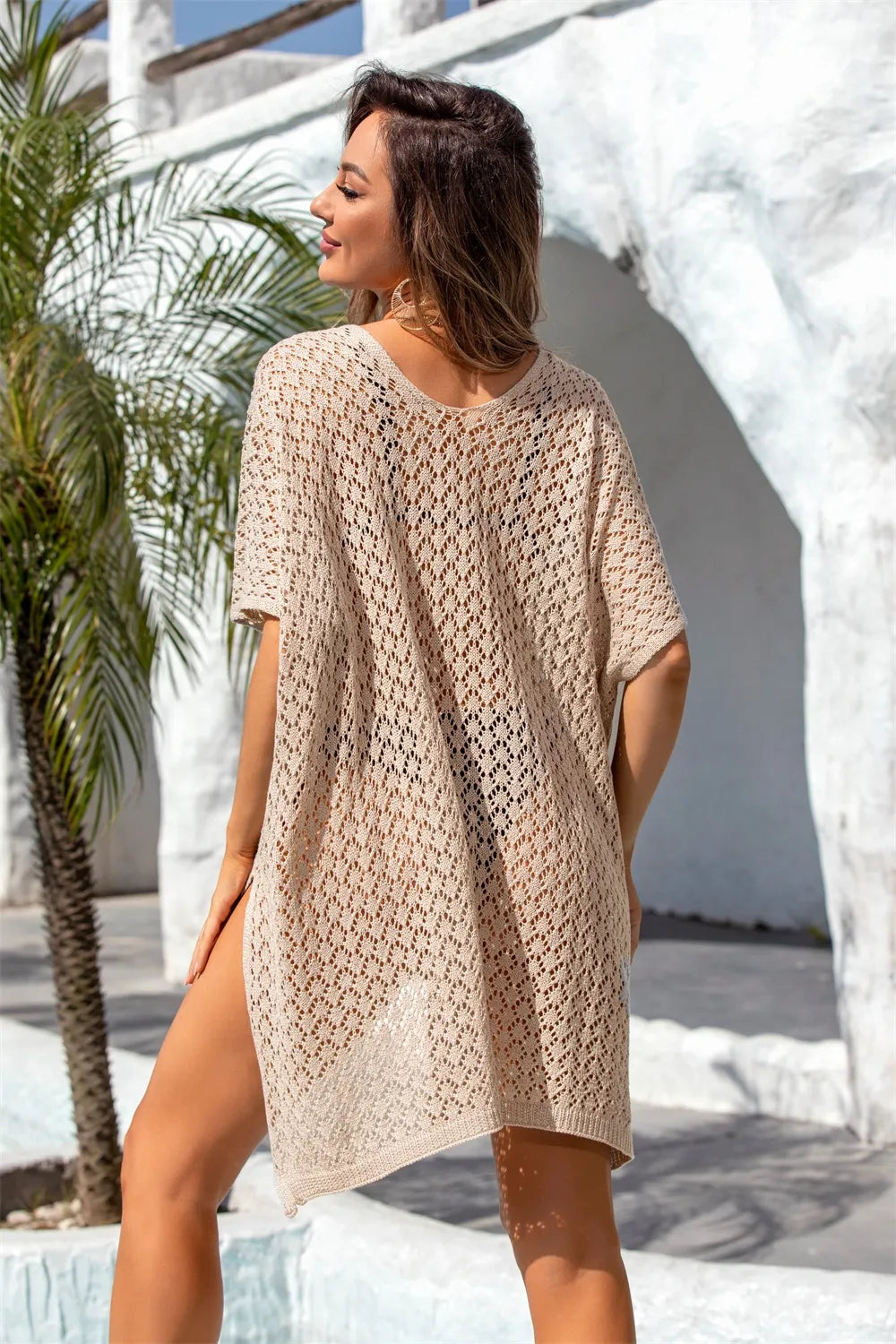 Angel Wings Openwork Slit Scoop Neck Cover Up - Ladyez