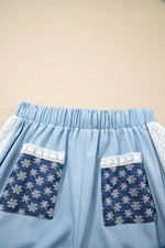 Lace Accent Floral Patched Pocket Pleated Wide Leg Slouchy Pants