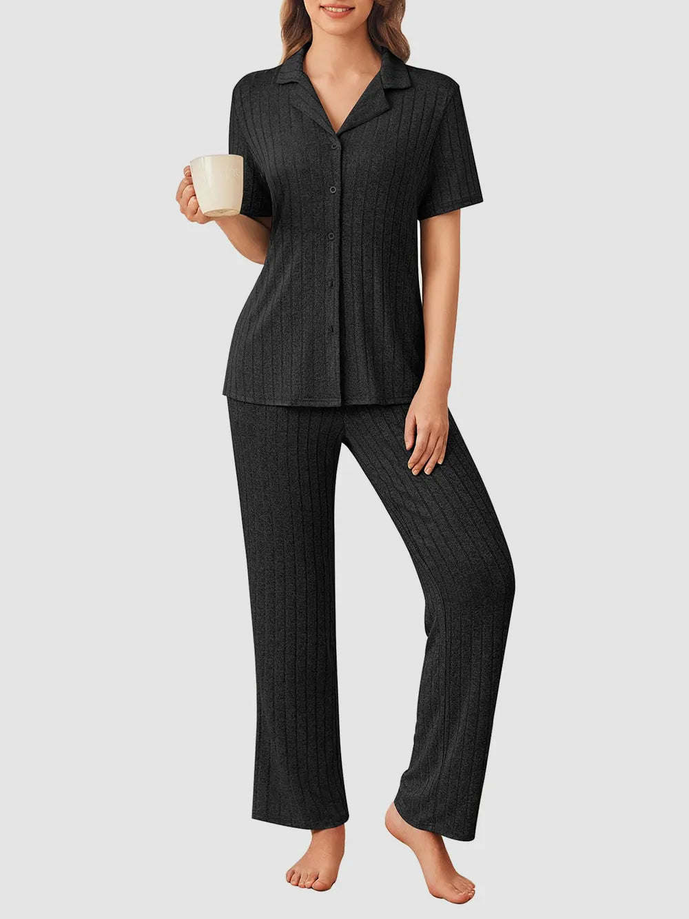 Button Down Long Sleeve Top and Pants Lounge Set - Ladyez