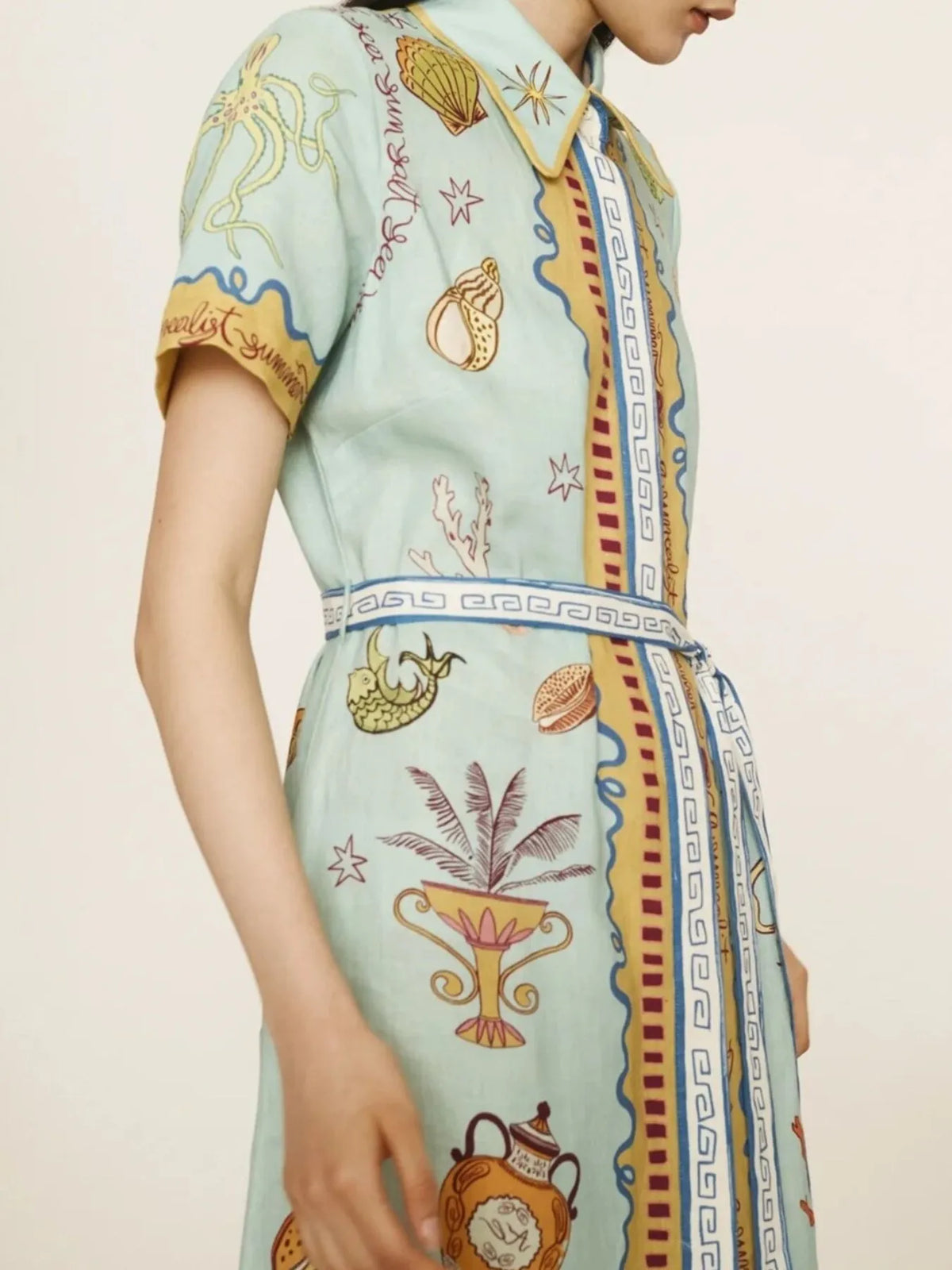 Printed Short Sleeve Maxi Shirt Dress with Belt - Ladyez