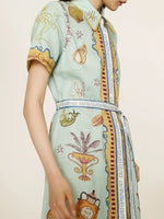 Printed Short Sleeve Maxi Shirt Dress with Belt - Ladyez