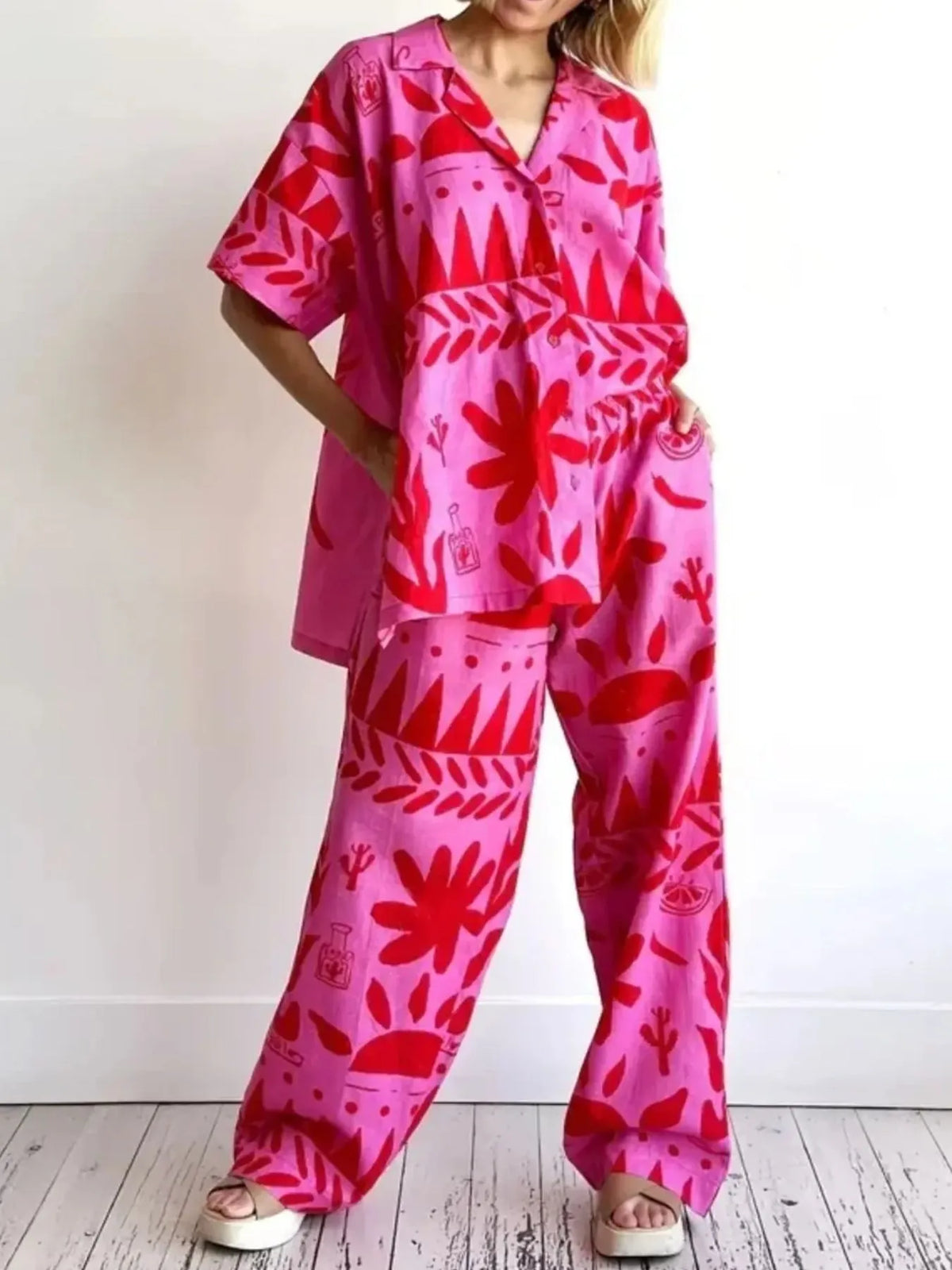 Printed Button Up Shirt and Pants Set