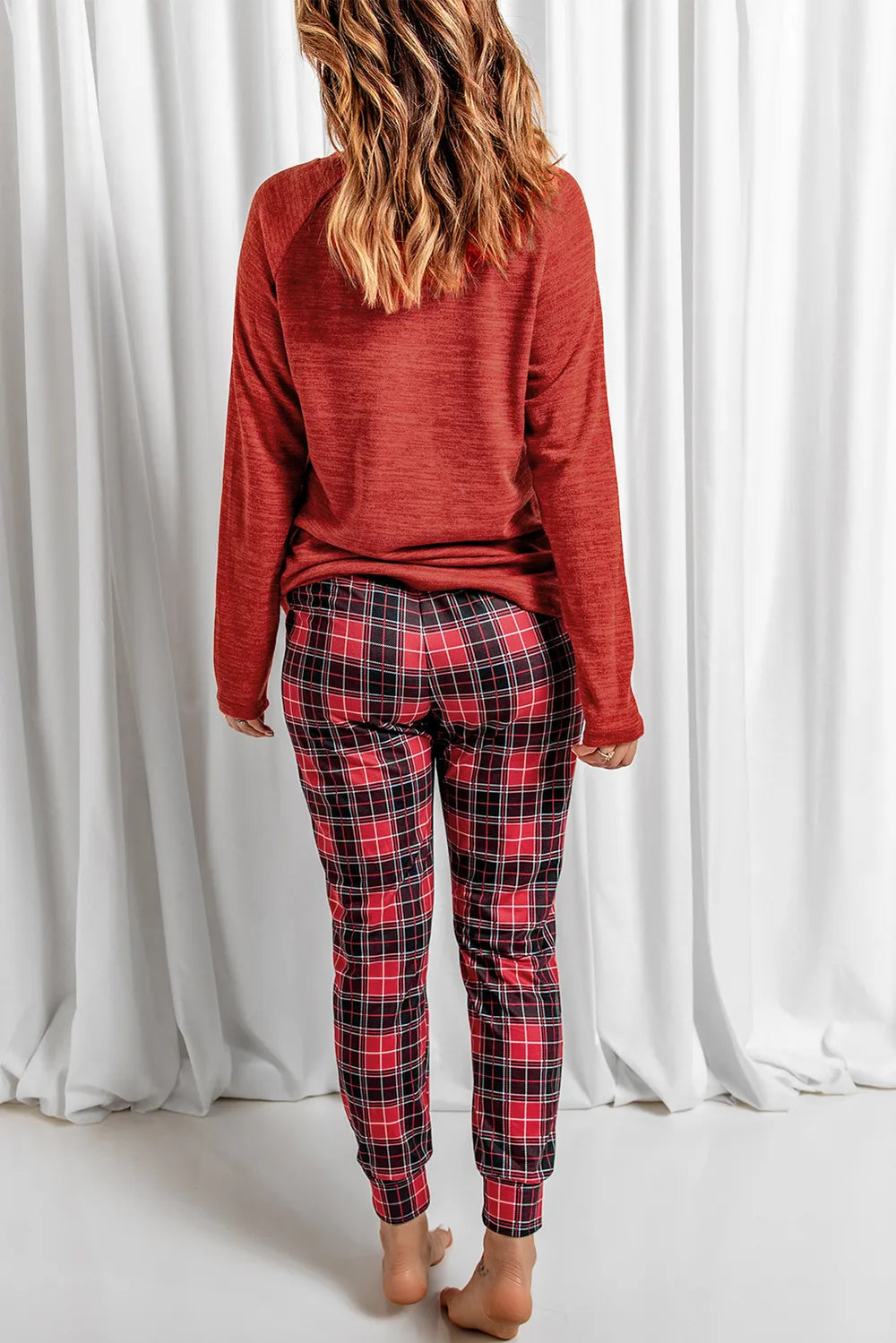 Round Neck Top and Drawstring Plaid Pants Lounge Set - Ladyez