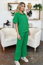 Double Take Full Size Texture Half Zip Short Sleeve Top and Pants Set