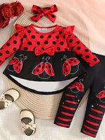 Children's Ladybug Polka Dot Ruffle Trim Top and Pants Set with Headband