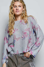 POL Ribbed Butterfly Print Round Neck Knit Top