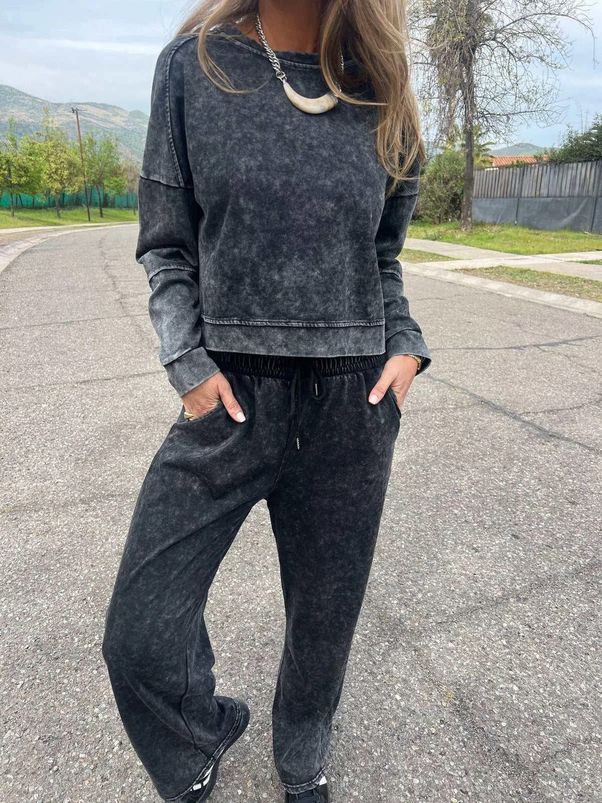 Full Size Washed Round Neck Top and Drawstring Pants Set Plus Size