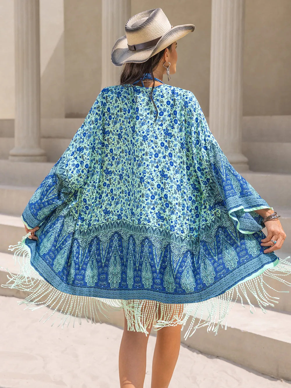Fringe Printed Open Front Cover-Up - Ladyez