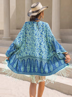 Fringe Printed Open Front Cover-Up - Ladyez