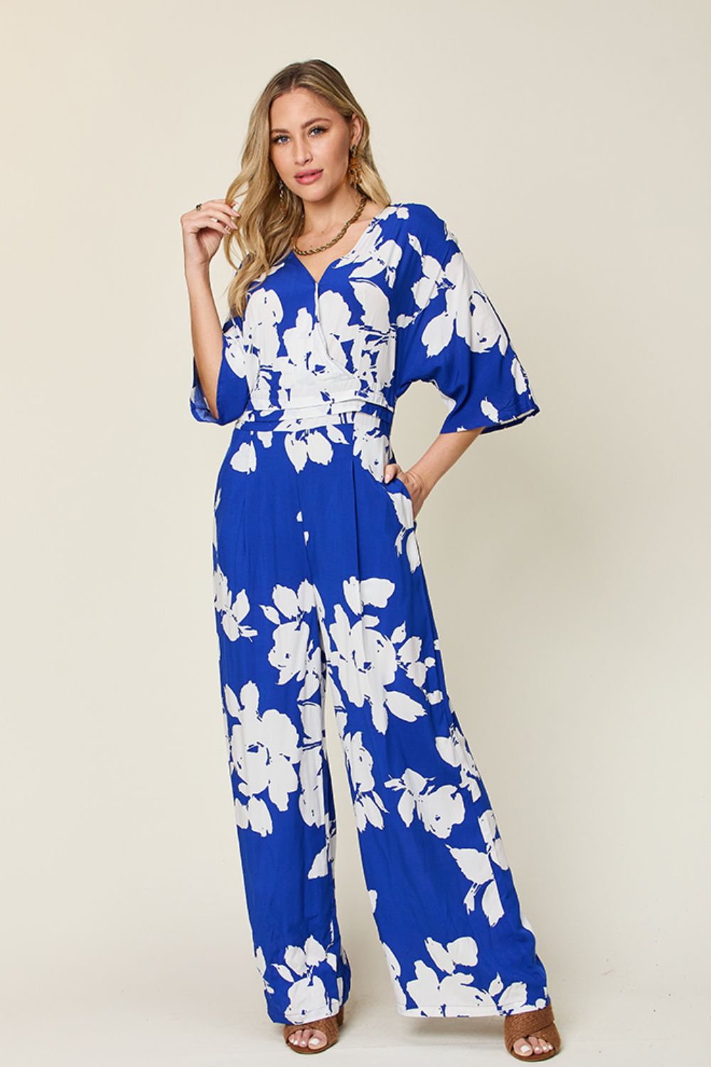 Double Take Full Size Printed Tie Back Wide Leg Jumpsuit - Ladyez