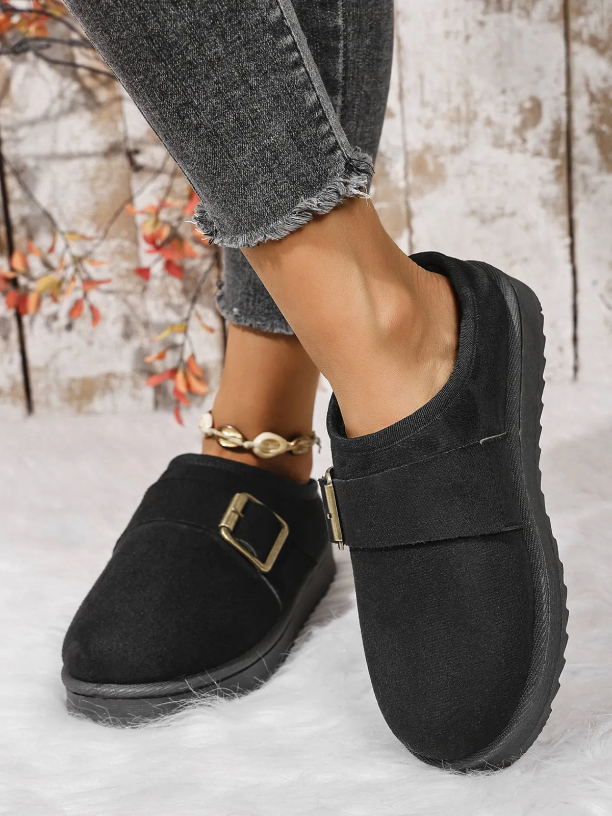 Cozy Buckle Suede Winter Slippers - Ladyez