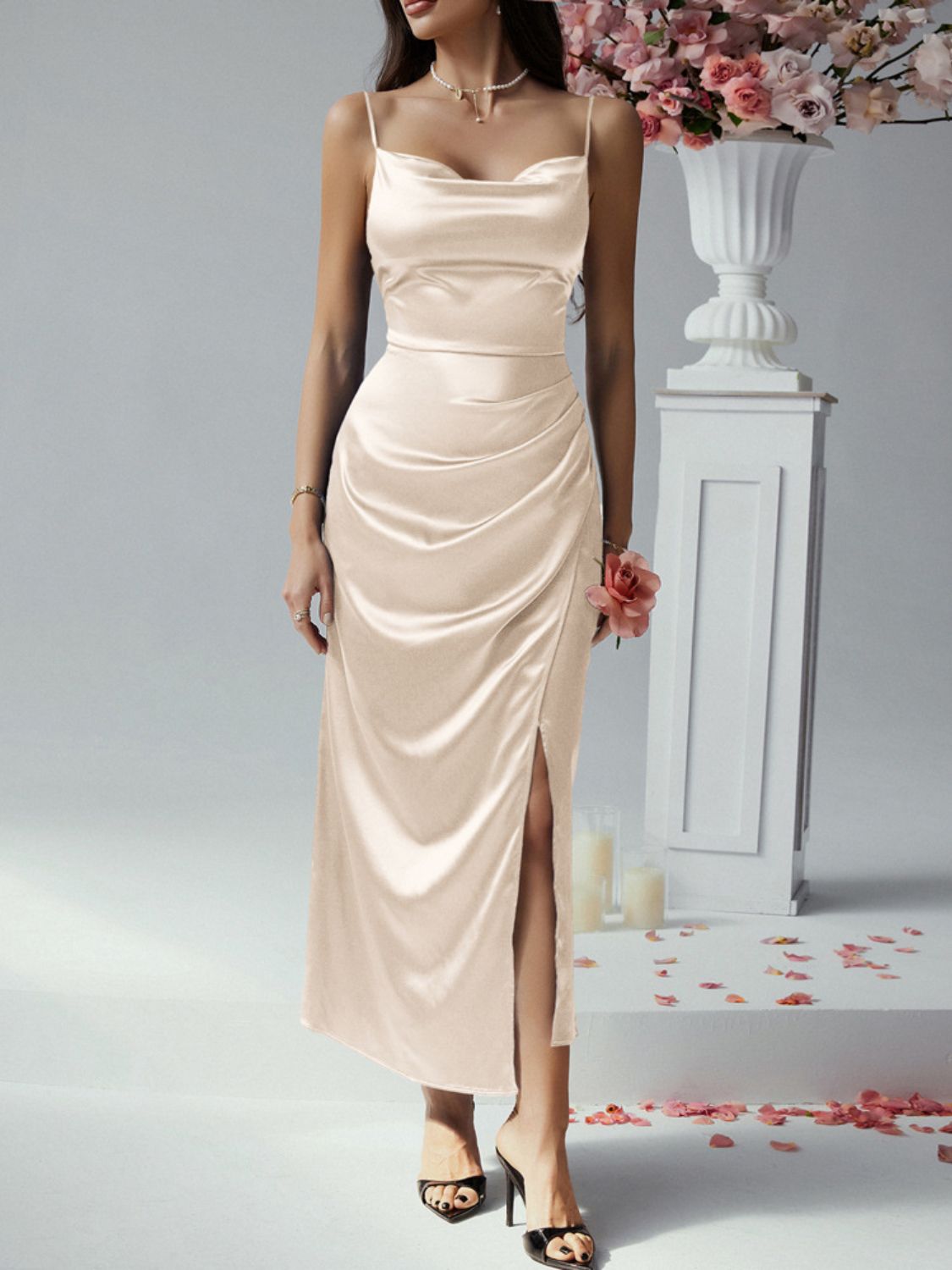 Devine Slit Ruched Maxi Cami Dress - Ladyez