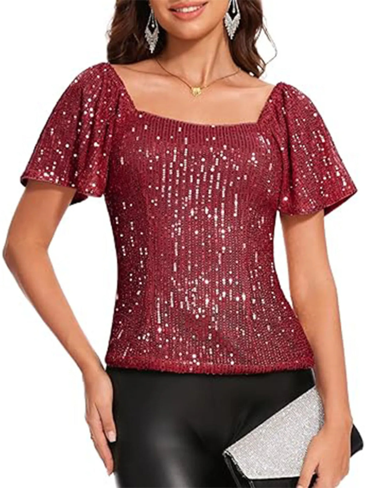 Square Neck Sequin Short Sleeve Blouse - Ladyez