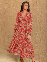 Boho Floral Print Long Sleeve Midi Dress