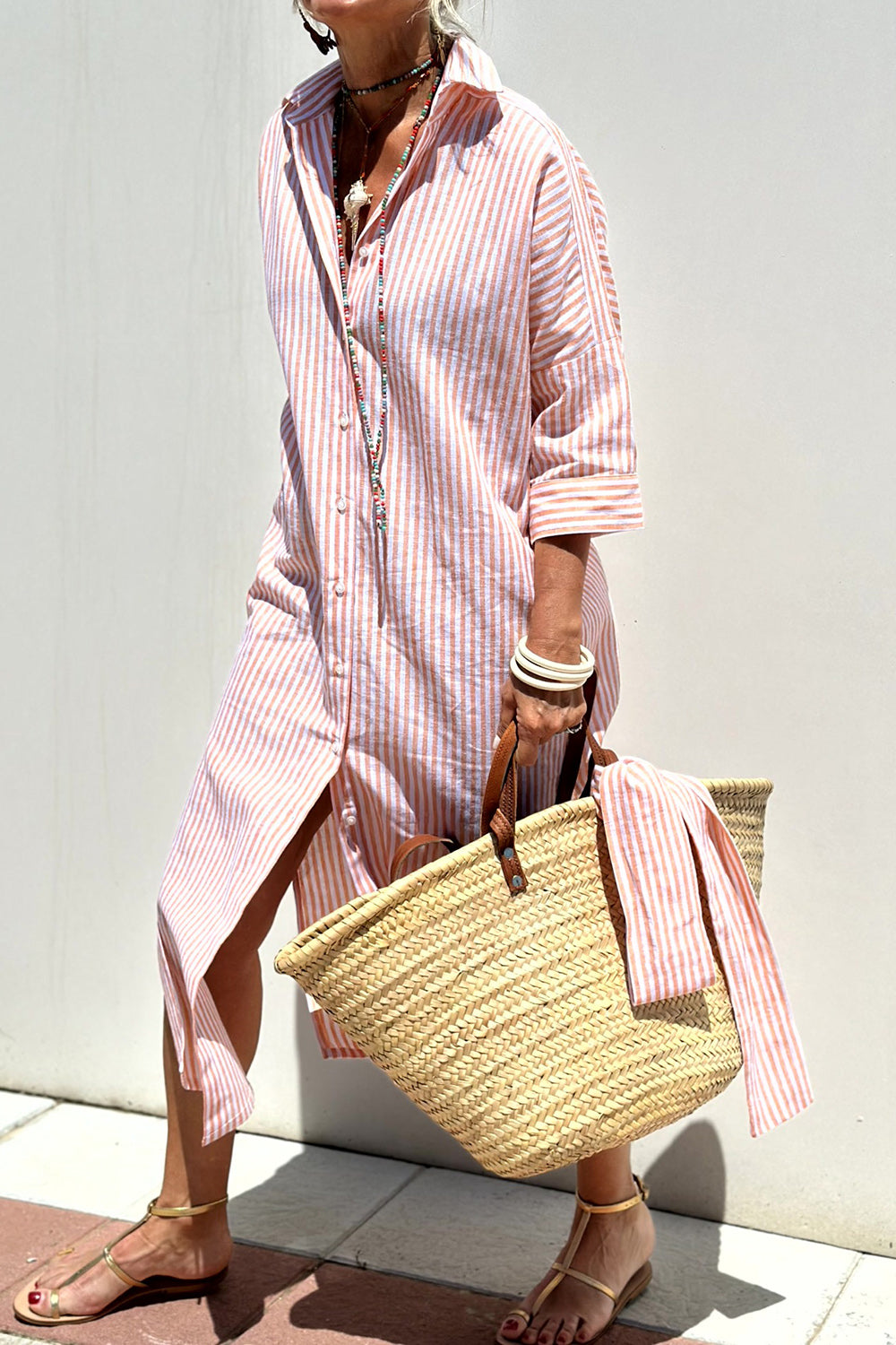 Tied Button Up Three-Quarter Sleeve Dress - Ladyez