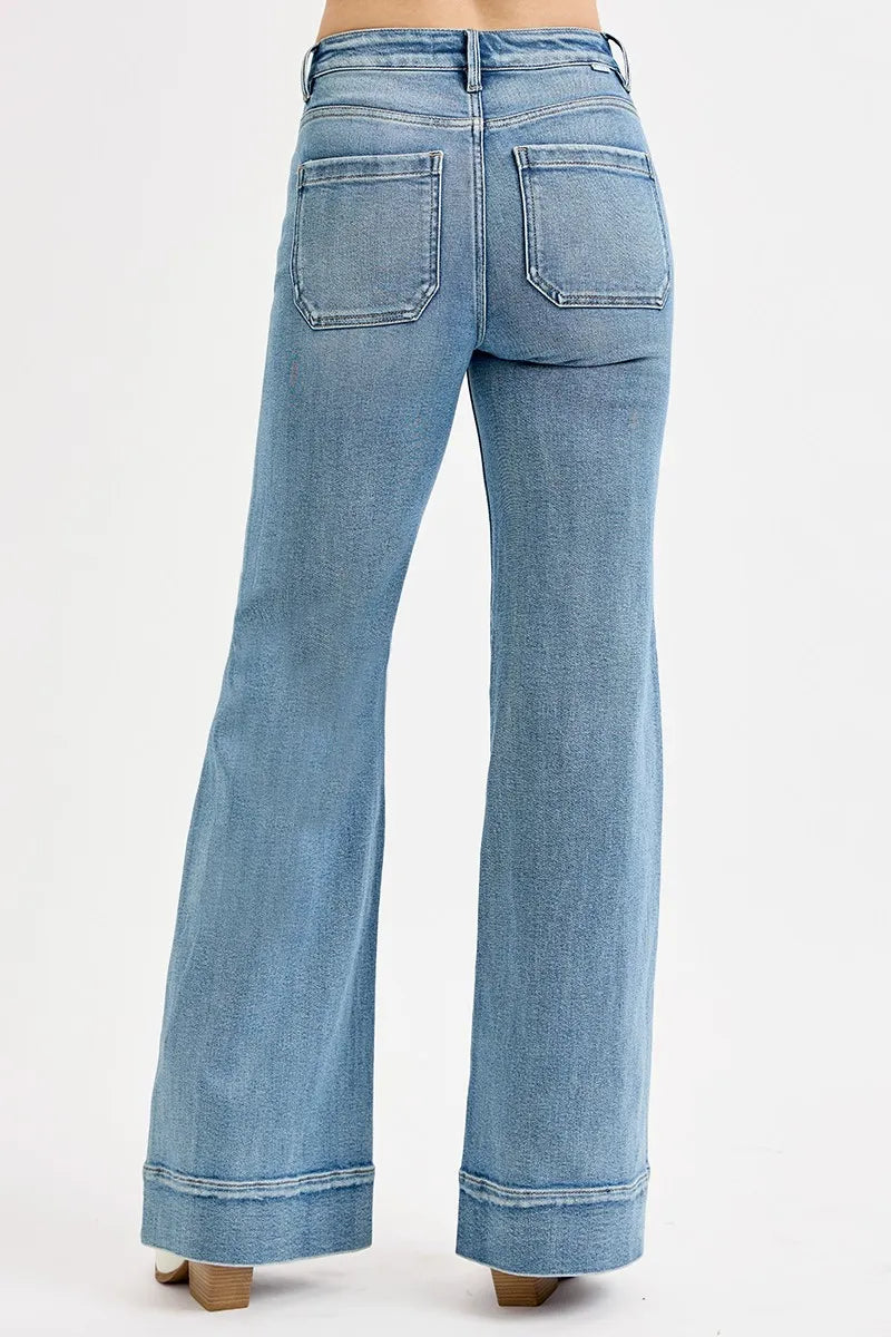 RISEN Full Size High Rise Wide Flare Patch Pocket Jeans Plus Size - Ladyez